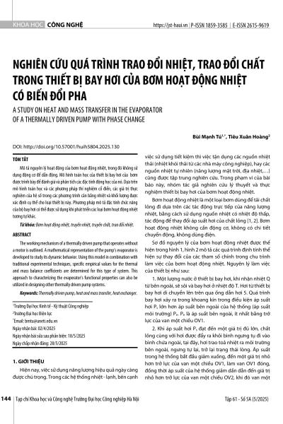 Nghiên cứu quá trình trao đổi nhiệt, trao đổi chất trong thiết bị bay hơi của bơm hoạt động nhiệt có biến đổi pha
