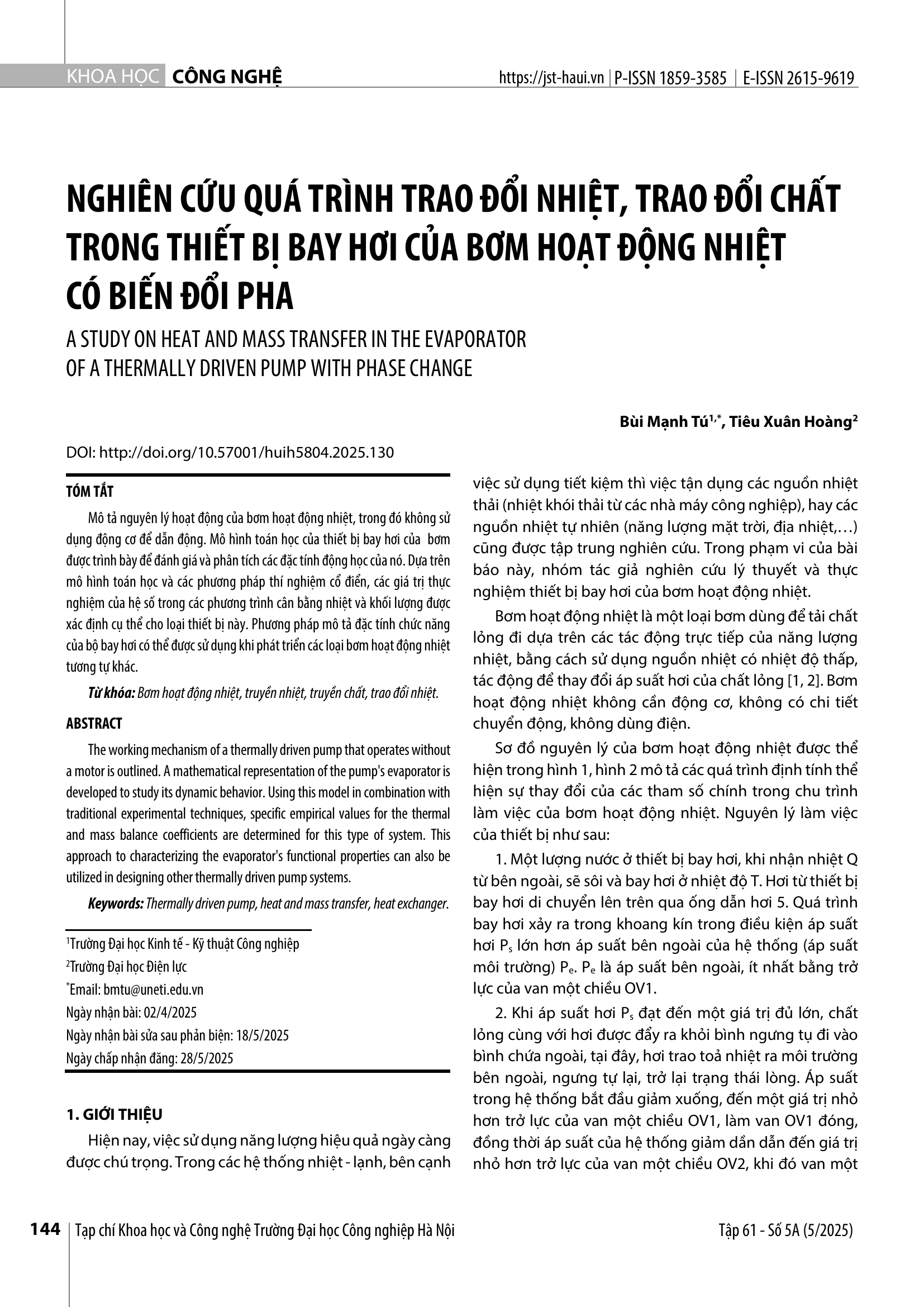 Nghiên cứu quá trình trao đổi nhiệt, trao đổi chất trong thiết bị bay hơi của bơm hoạt động nhiệt có biến đổi pha