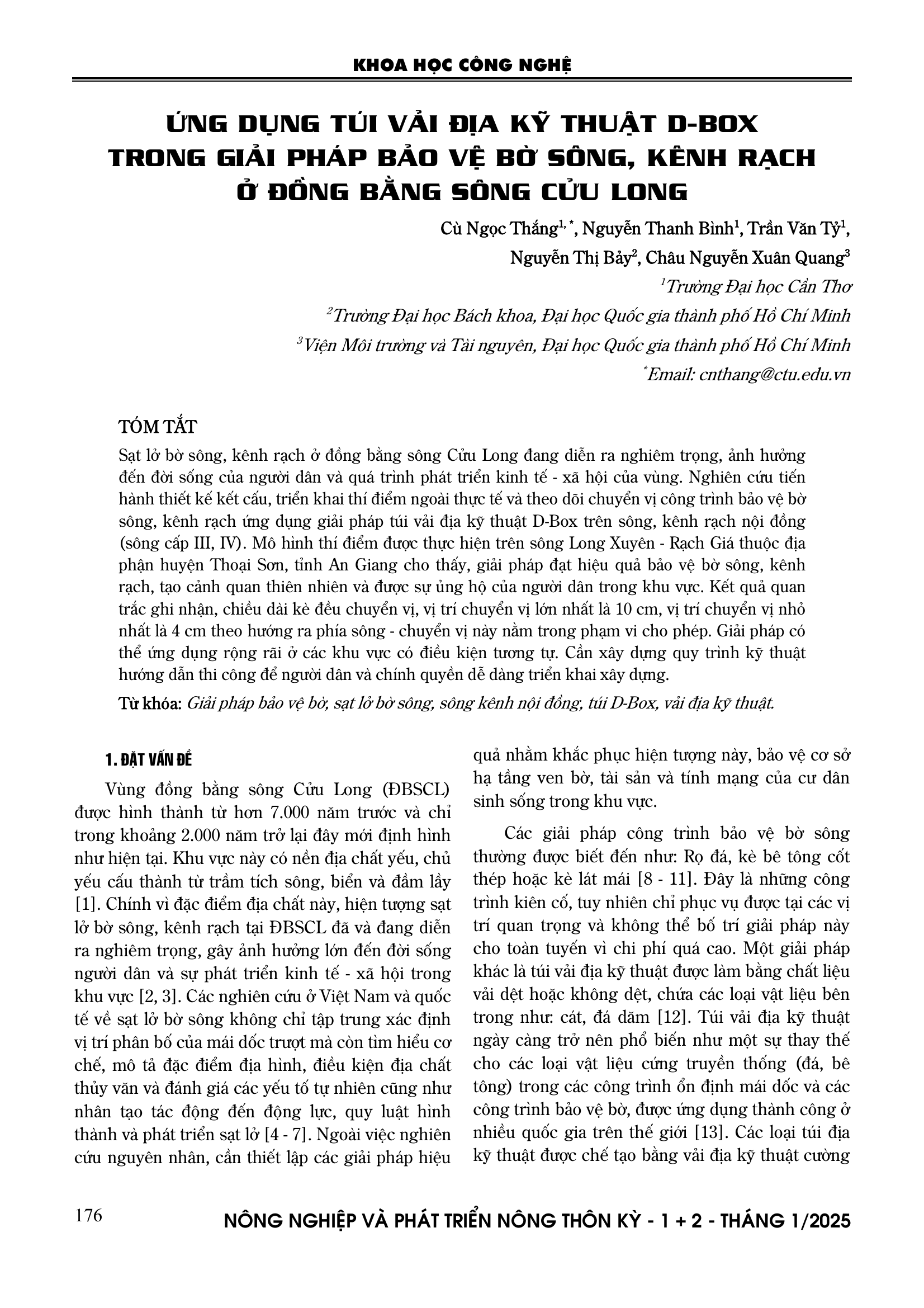 Ứng dụng túi vải địa kỹ thuật D-Box trong giải pháp bảo vệ bờ sông, kênh rạch ở đồng bằng sông Cửu Long