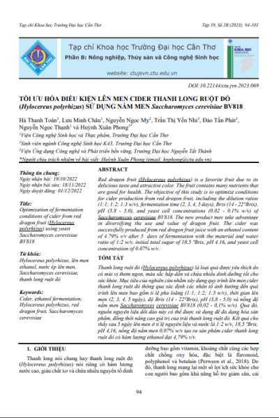 Tối ưu hóa điều kiện lên men cider thanh long ruột đỏ (Hylocereus polyrhizus) sử dụng nấm men Saccharomyces cerevisiae BV818