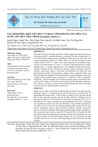 Xác định điều kiện lên men và hoạt tính kháng oxy hóa của nước lên men trái trâm (Syzygium cumini L.)