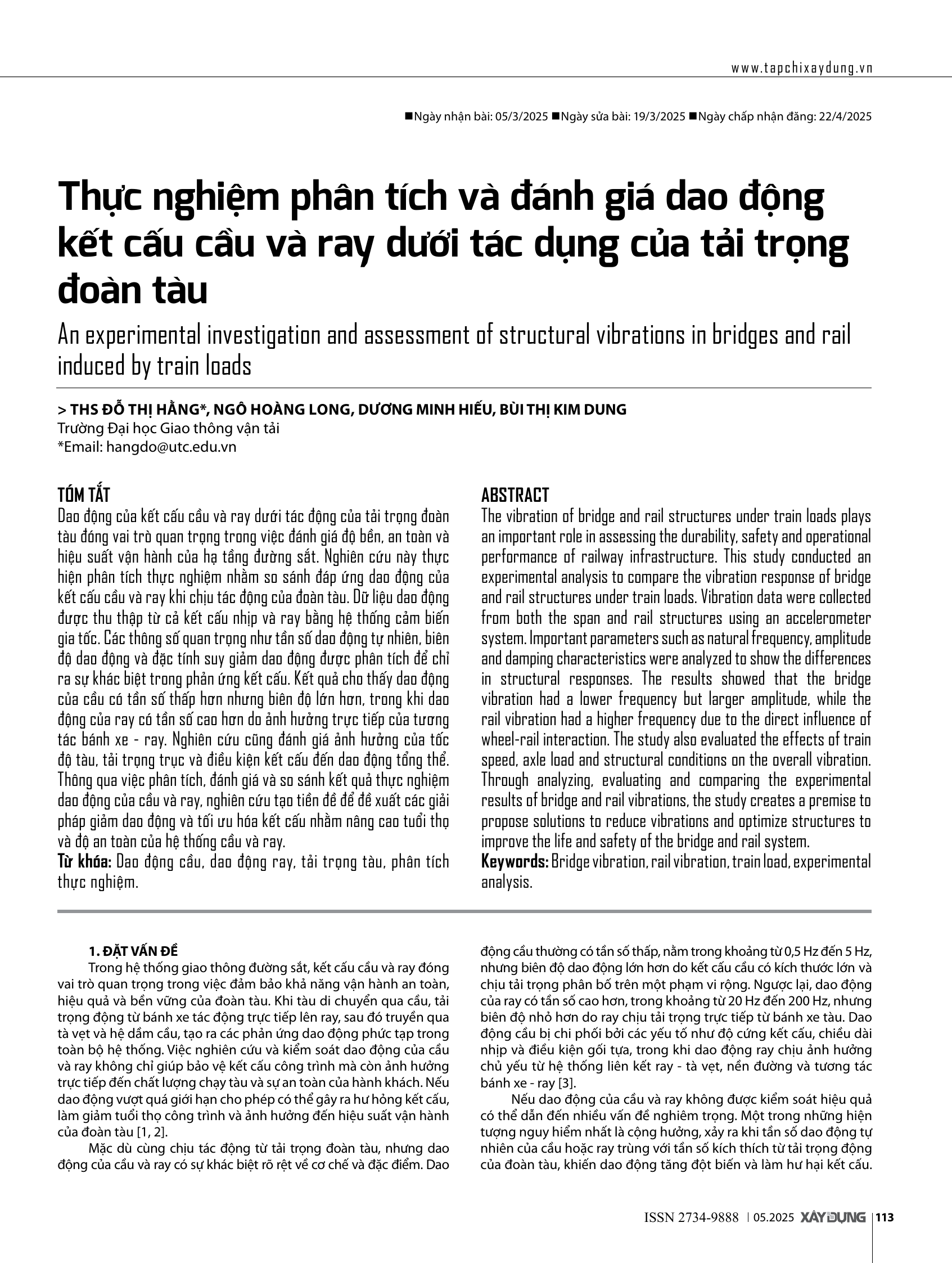 Thực nghiệm phân tích và đánh giá dao động kết cấu cầu và ray dưới tác dụng của tải trọng đoàn tàu