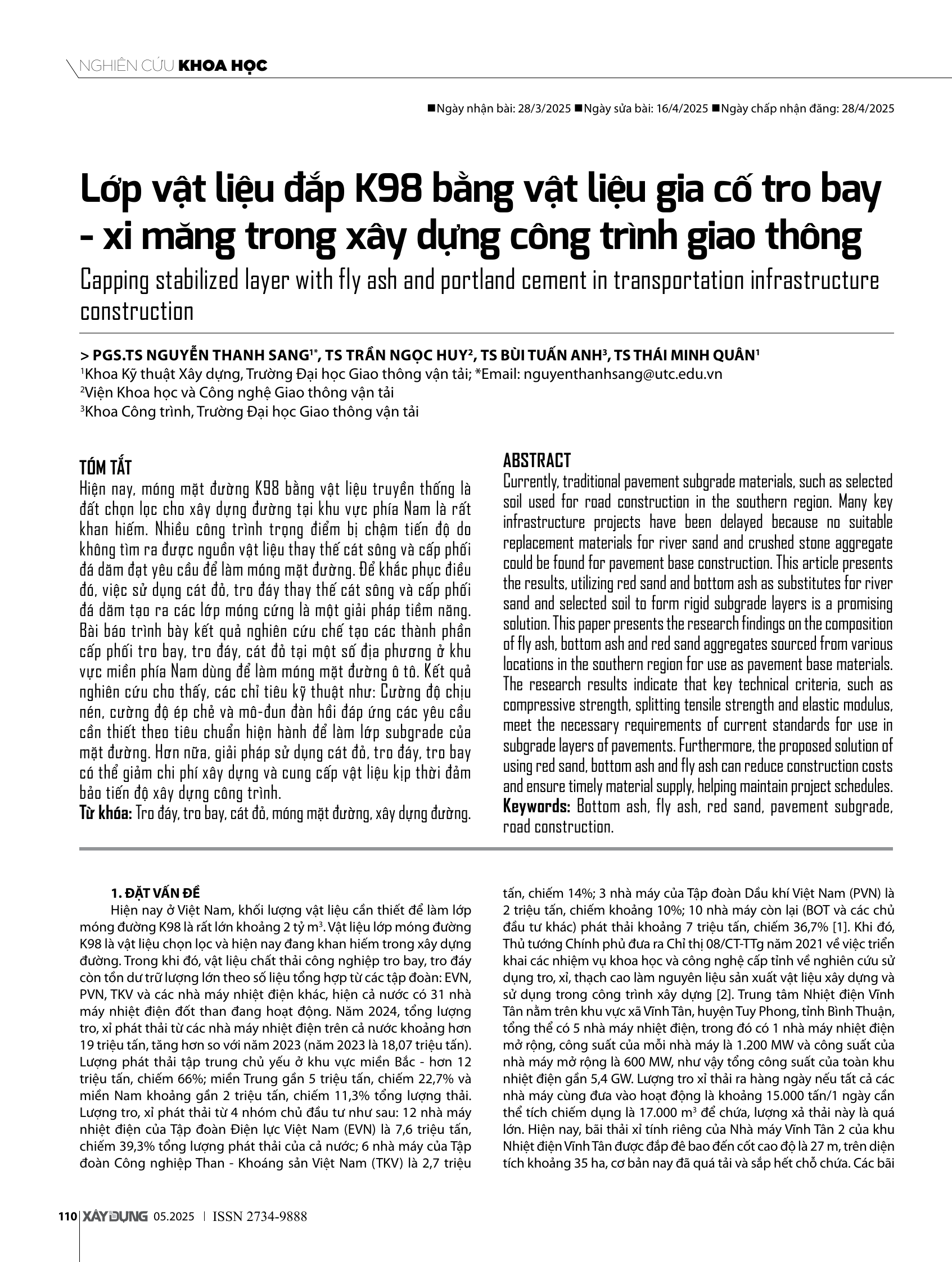 Lớp vật liệu đắp K98 bằng vật liệu gia cố tro bay - xi măng trong xây dựng công trình giao thông