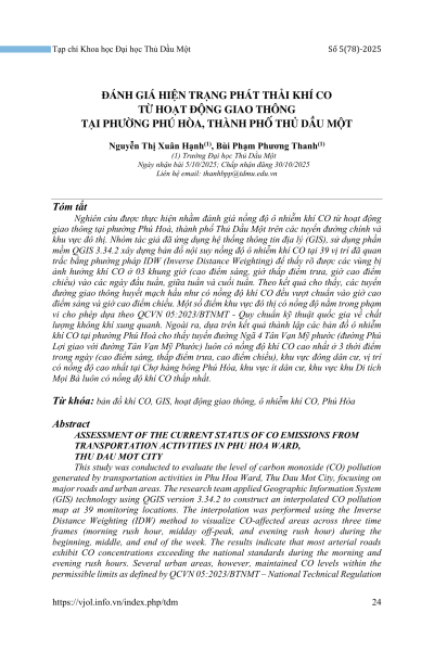 Đánh giá hiện trạng phát thải khí CO từ hoạt động giao thông tại phường Phú Hòa, thành phố Thủ Dầu Một