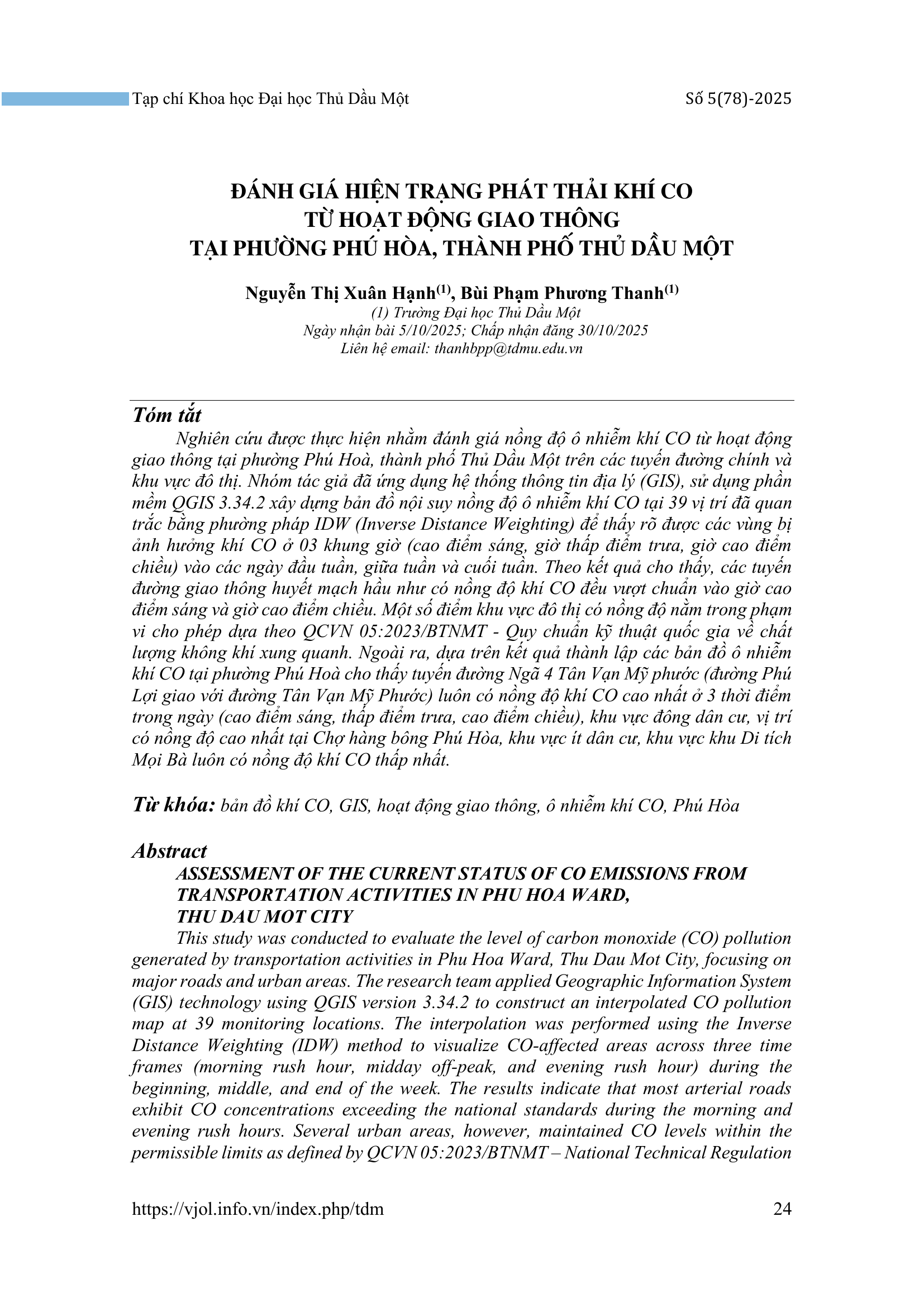 Đánh giá hiện trạng phát thải khí CO từ hoạt động giao thông tại phường Phú Hòa, thành phố Thủ Dầu Một