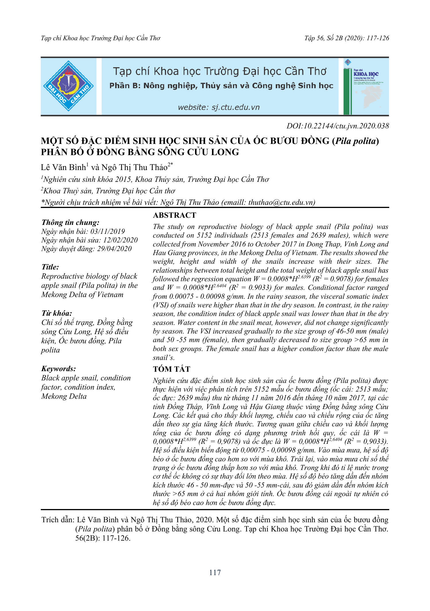 Một số đặc điểm sinh học sinh sản của ốc bươu đồng (Pila polita) phân bố ở Đồng bằng sông Cửu Long