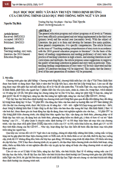 Dạy học đọc hiểu văn bản truyện theo định hướng của chương trình giáo dục phổ thông môn ngữ văn 2018