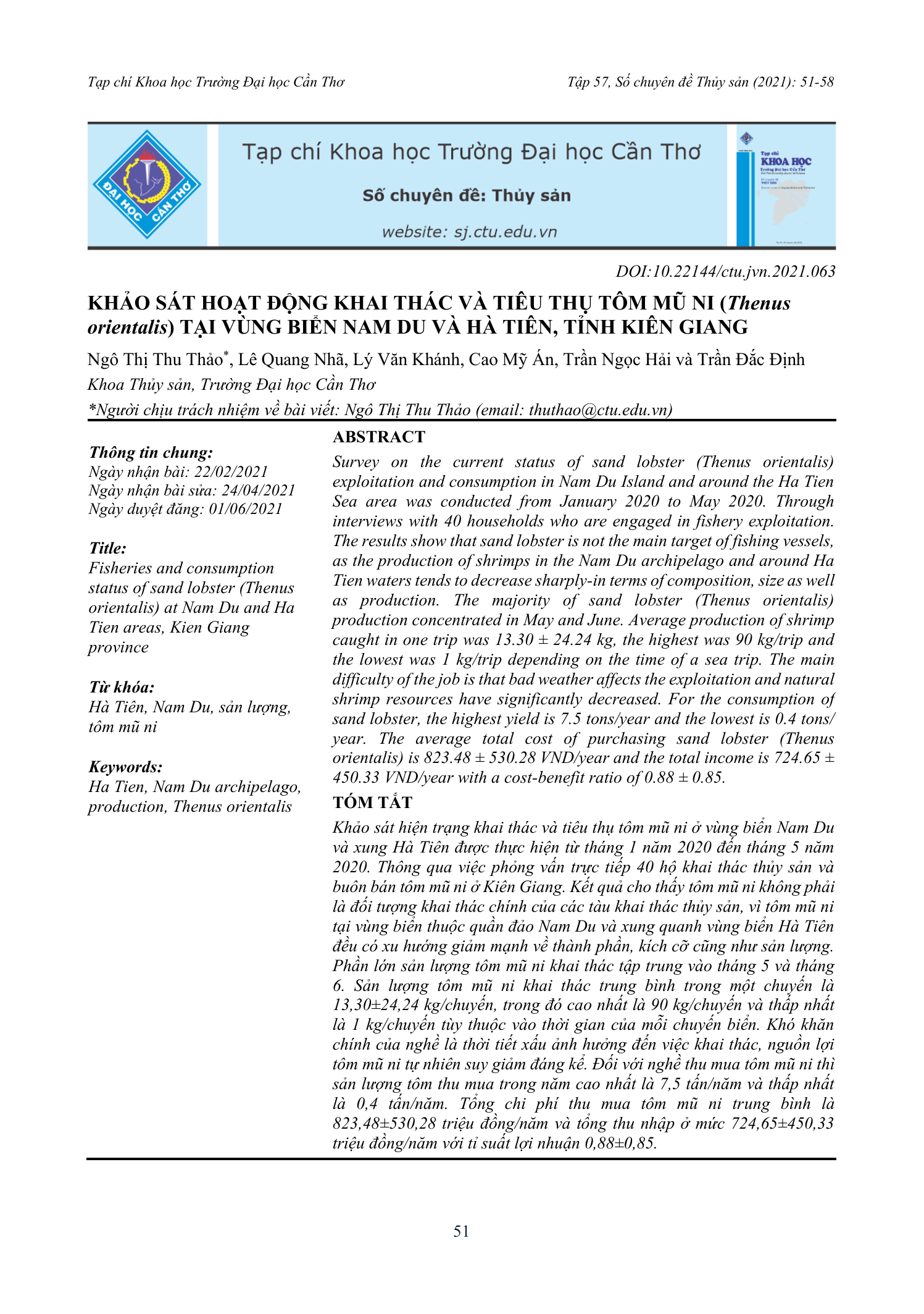 Khảo sát hoạt động khai thác và tiêu thụ tôm mũ ni (Thenus orientalis) tại vùng biển Nam Du và Hà Tiên, tỉnh Kiên Giang