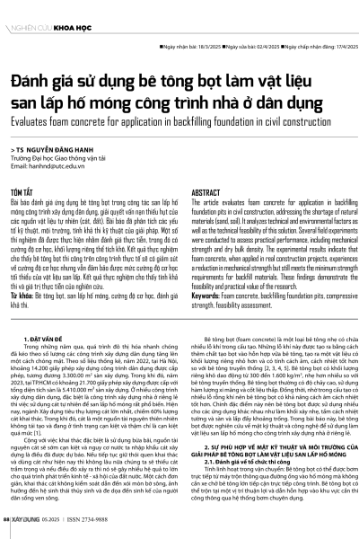 Đánh giá sử dụng bê tông bọt làm vật liệu san lấp hố móng công trình nhà ở dân dụng