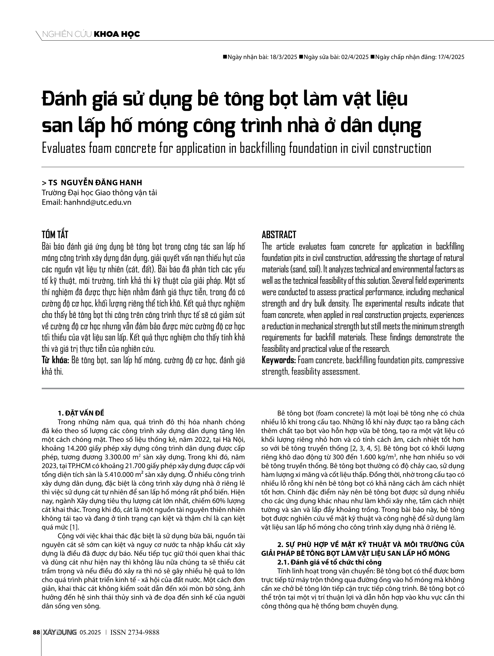 Đánh giá sử dụng bê tông bọt làm vật liệu san lấp hố móng công trình nhà ở dân dụng