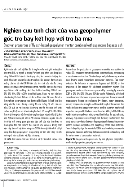 Nghiên cứu tính chất của vữa geopolymer gốc tro bay kết hợp với tro bã mía