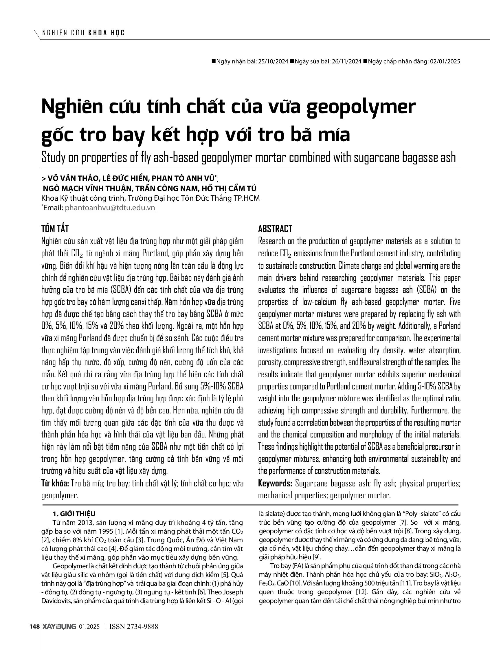 Nghiên cứu tính chất của vữa geopolymer gốc tro bay kết hợp với tro bã mía