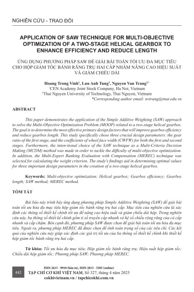 Ứng dụng phương pháp SAW để giải bài toán tối ưu đa mục tiêu cho hộp giảm tốc bánh răng trụ hai cấp nhằm nâng cao hiệu suất và giảm chiều dài