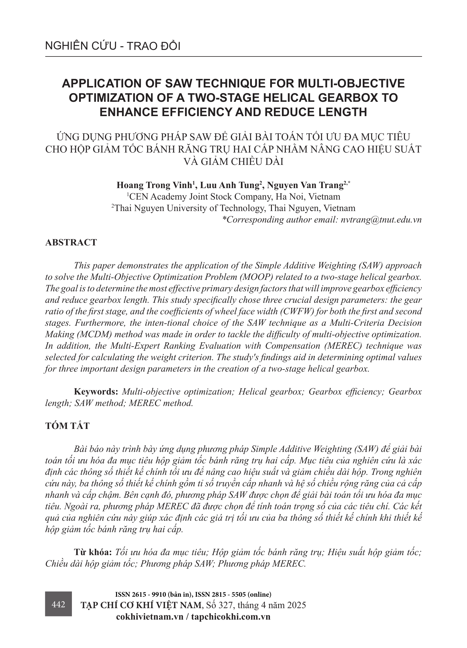 Ứng dụng phương pháp SAW để giải bài toán tối ưu đa mục tiêu cho hộp giảm tốc bánh răng trụ hai cấp nhằm nâng cao hiệu suất và giảm chiều dài