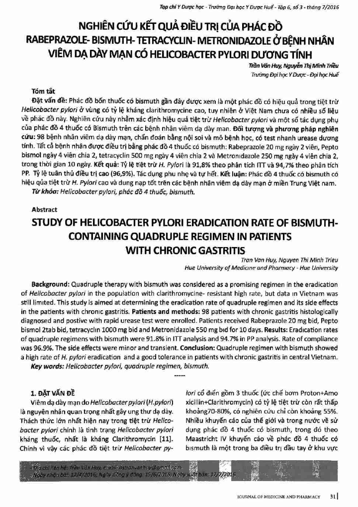 Nghiên cứu kết quả điều trị của phác đồ Rabeprazole-Bismuth-Tetracyclin-Metronidazole ở bệnh nhân viêm dạ dày mạn có Helicobacter Pyloir dương tính