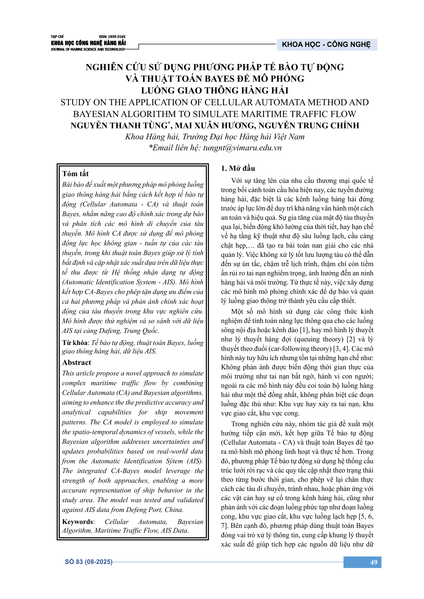 Nghiên cứu sử dụng phương pháp tế bào tự động và thuật toán Bayes để mô phỏng luồng giao thông hàng hải