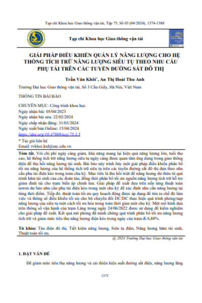 Giải pháp điều khiển quản lý năng lượng cho hệ thống tích trữ năng lượng siêu tụ theo nhu cầu phụ tải trên các tuyến đường sắt đô thị