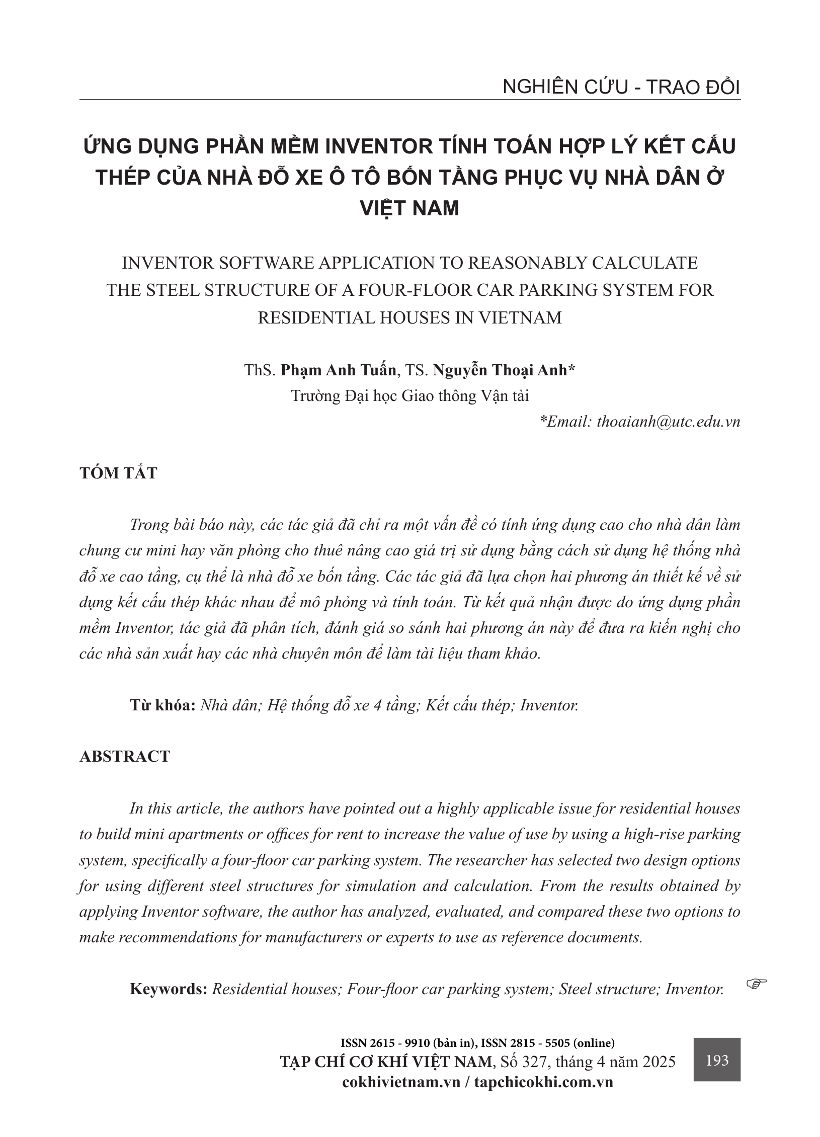 Ứng dụng phần mềm Inventor tính toán hợp lý kết cấu thép của nhà đỗ xe ô tô bốn tầng phục vụ nhà dân ở Việt Nam
