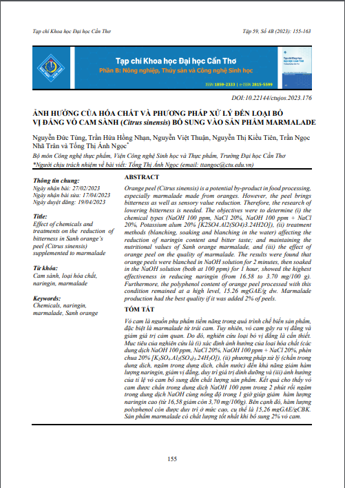 Ảnh hưởng của loại hóa chất và phương pháp xử lý đến khả năng loại bỏ vị đắng vỏ cam sành (Citrus sinensis) bổ sung vào sản phẩm Marmalade