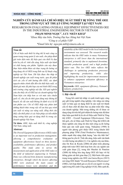 Nghiên cứu đánh giá chỉ số hiệu suất thiết bị tổng thể OEE trong lĩnh vực kỹ thuật công nghiệp tại Việt Nam