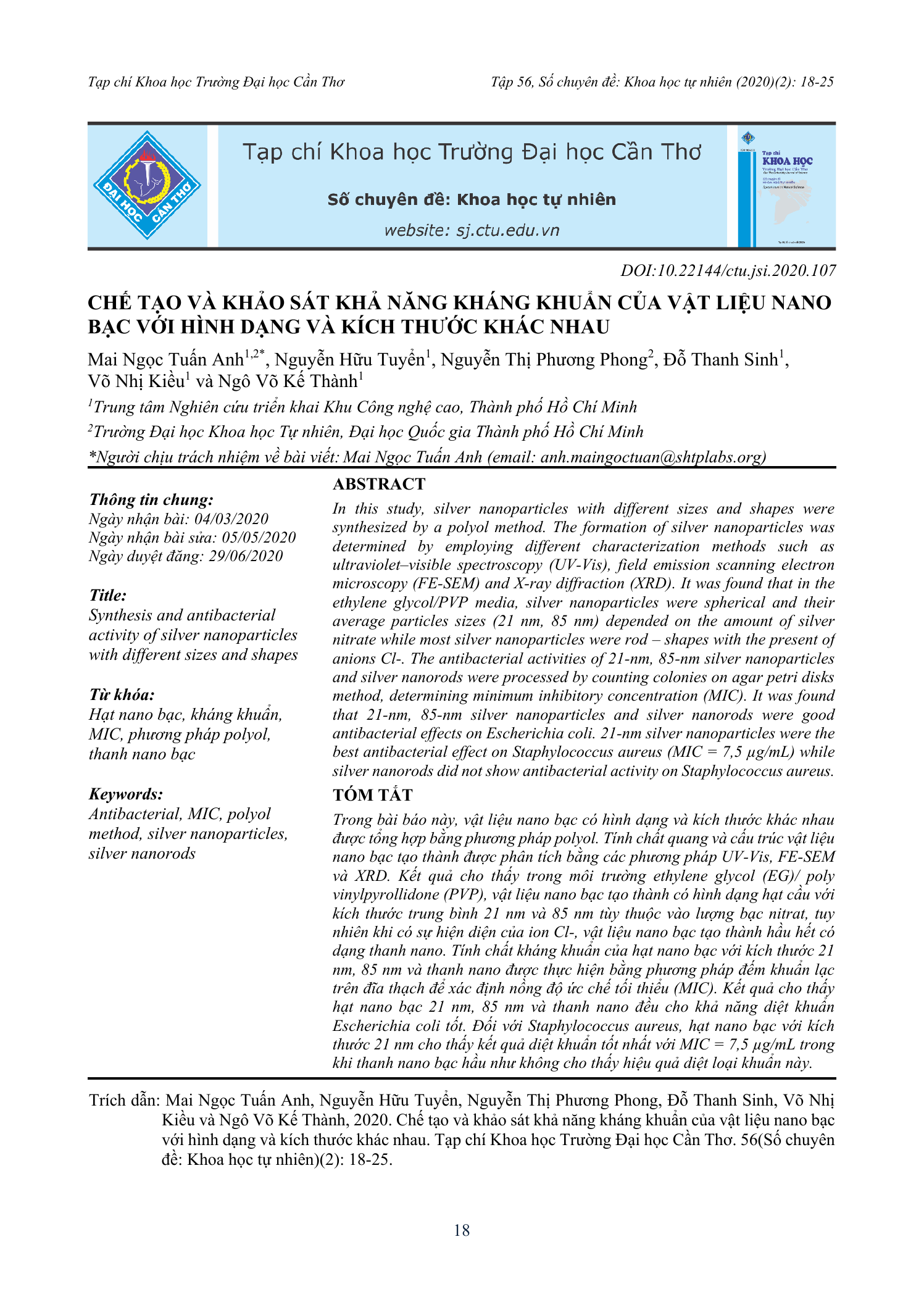 Chế tạo và khảo sát khả năng kháng khuẩn của vật liệu nano bạc với hình dạng và kích thước khác nhau