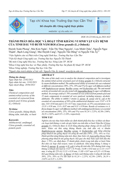 Thành phần hóa học và hoạt tính kháng vi sinh vật gây bệnh của tinh dầu vỏ bưởi Năm Roi (Citrus grandis (L.) Osbeck)