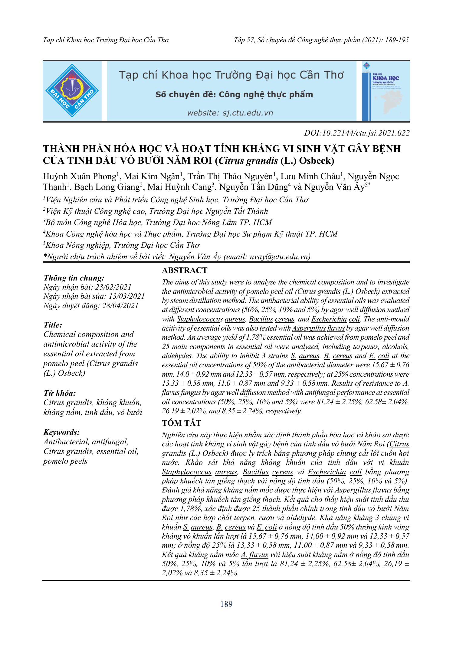 Thành phần hóa học và hoạt tính kháng vi sinh vật gây bệnh của tinh dầu vỏ bưởi Năm Roi (Citrus grandis (L.) Osbeck)