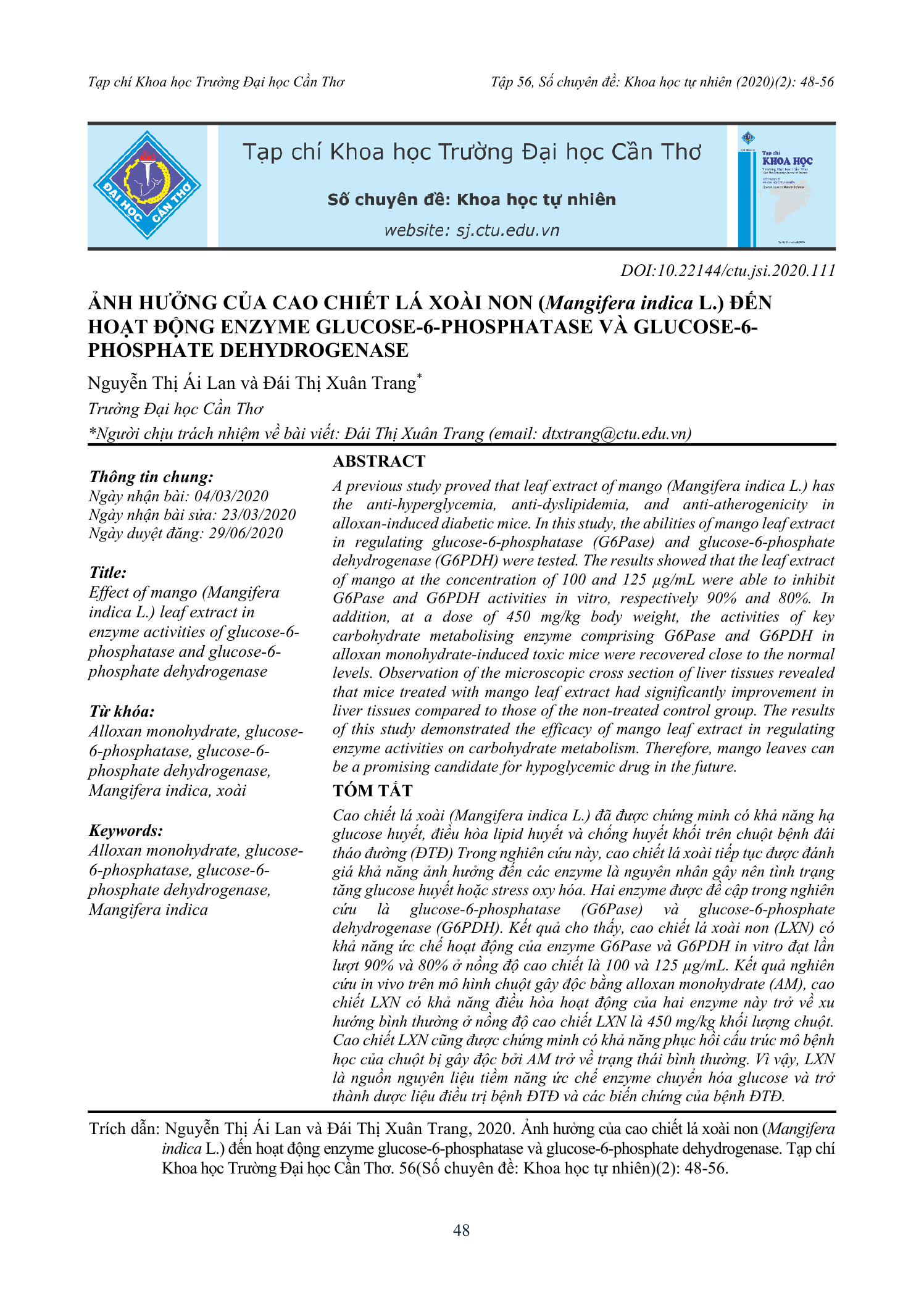 Ảnh hưởng của cao chiết lá xoài non (Mangifera indica L.) đến hoạt động enzyme glucose-6-phosphatase và glucose-6-phosphate dehydrogenase