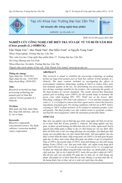 Nghiên cứu công nghệ chế biến trà túi lọc từ vỏ bưởi Năm Roi (Citrus grandis (L.) Osbeck)