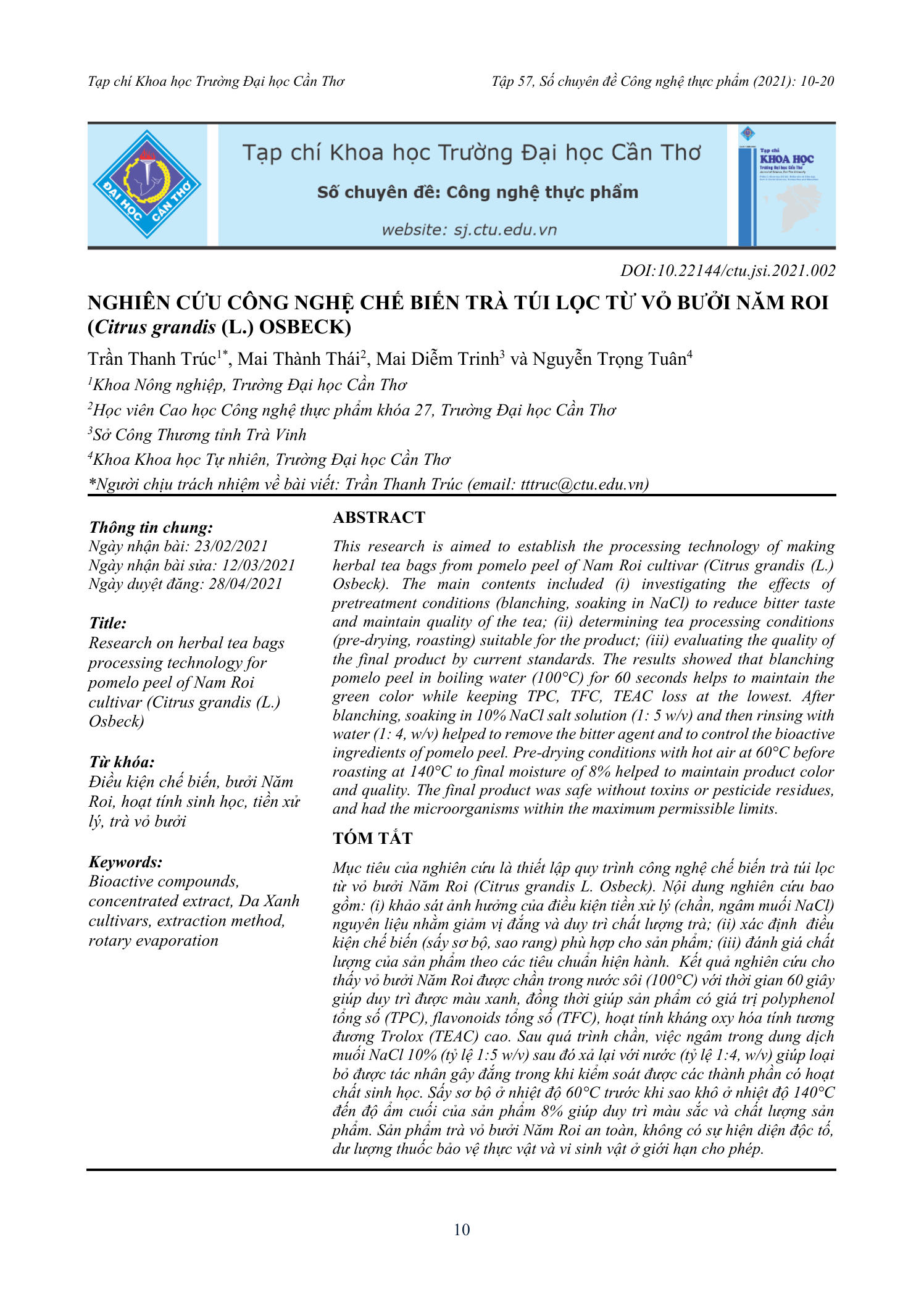 Nghiên cứu công nghệ chế biến trà túi lọc từ vỏ bưởi Năm Roi (Citrus grandis (L.) Osbeck)