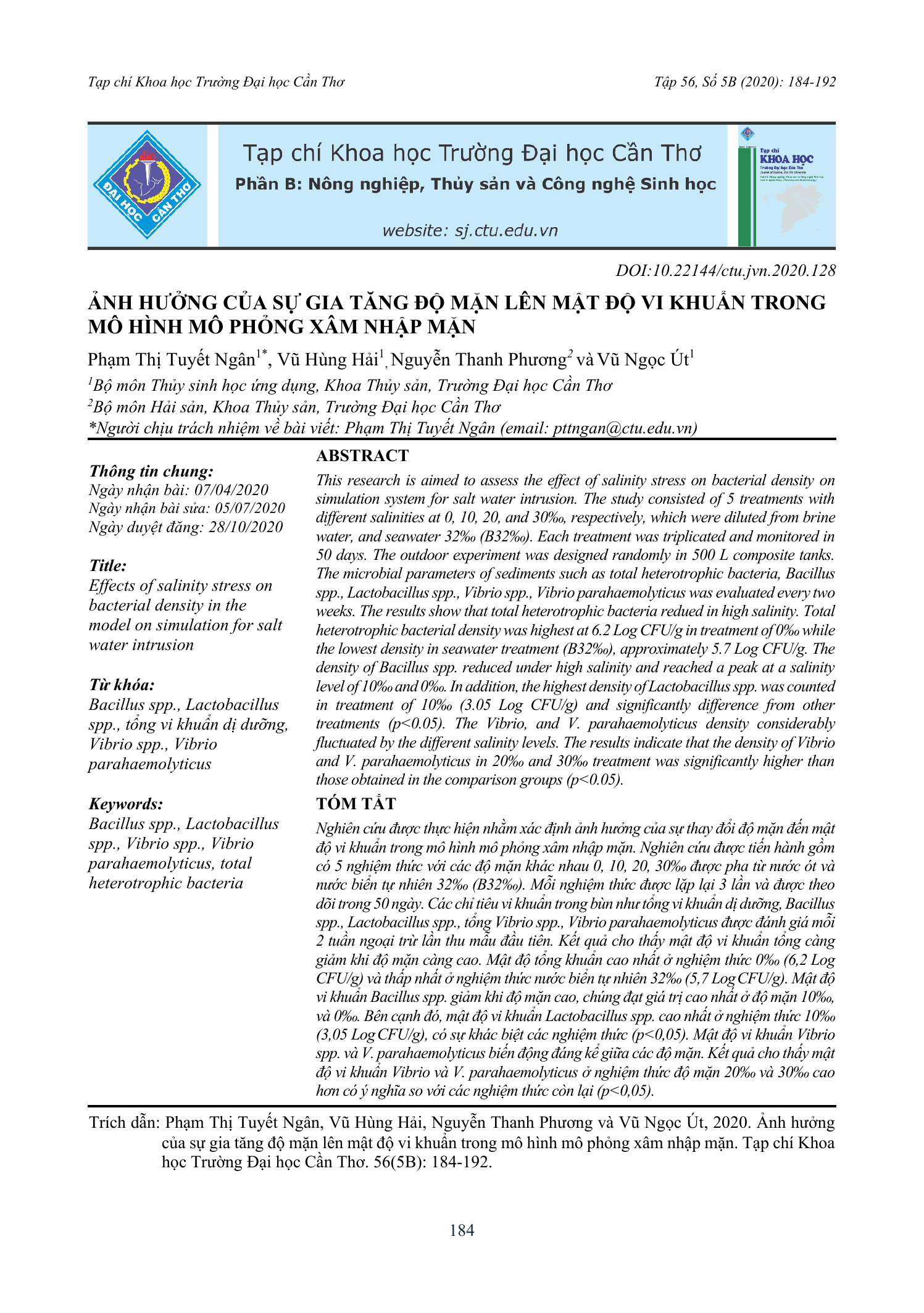 Ảnh hưởng của sự gia tăng độ mặn lên mật độ vi khuẩn trong mô hình mô phỏng xâm nhập mặn