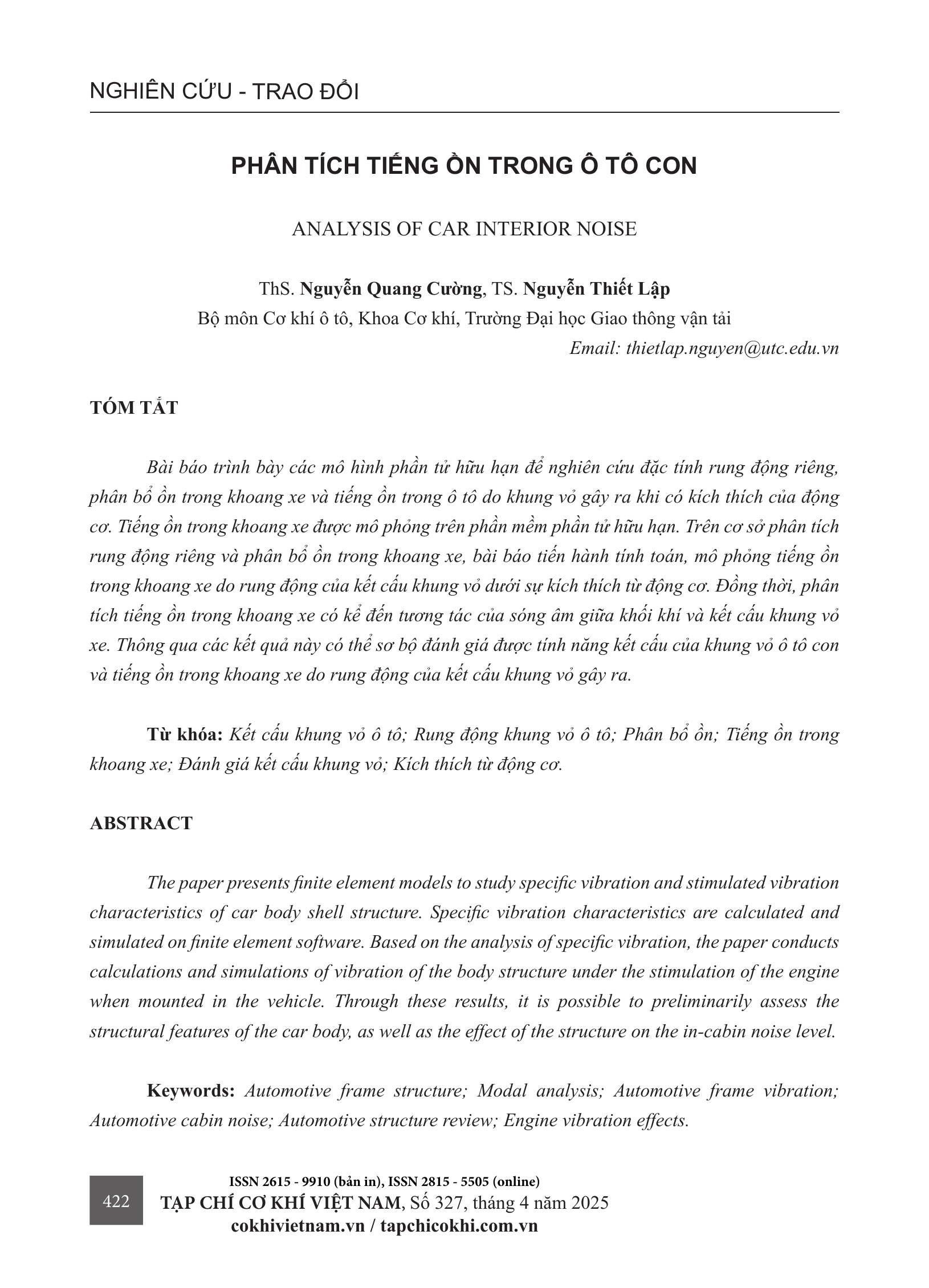 Phân tích tiếng ồn trong ô tô con