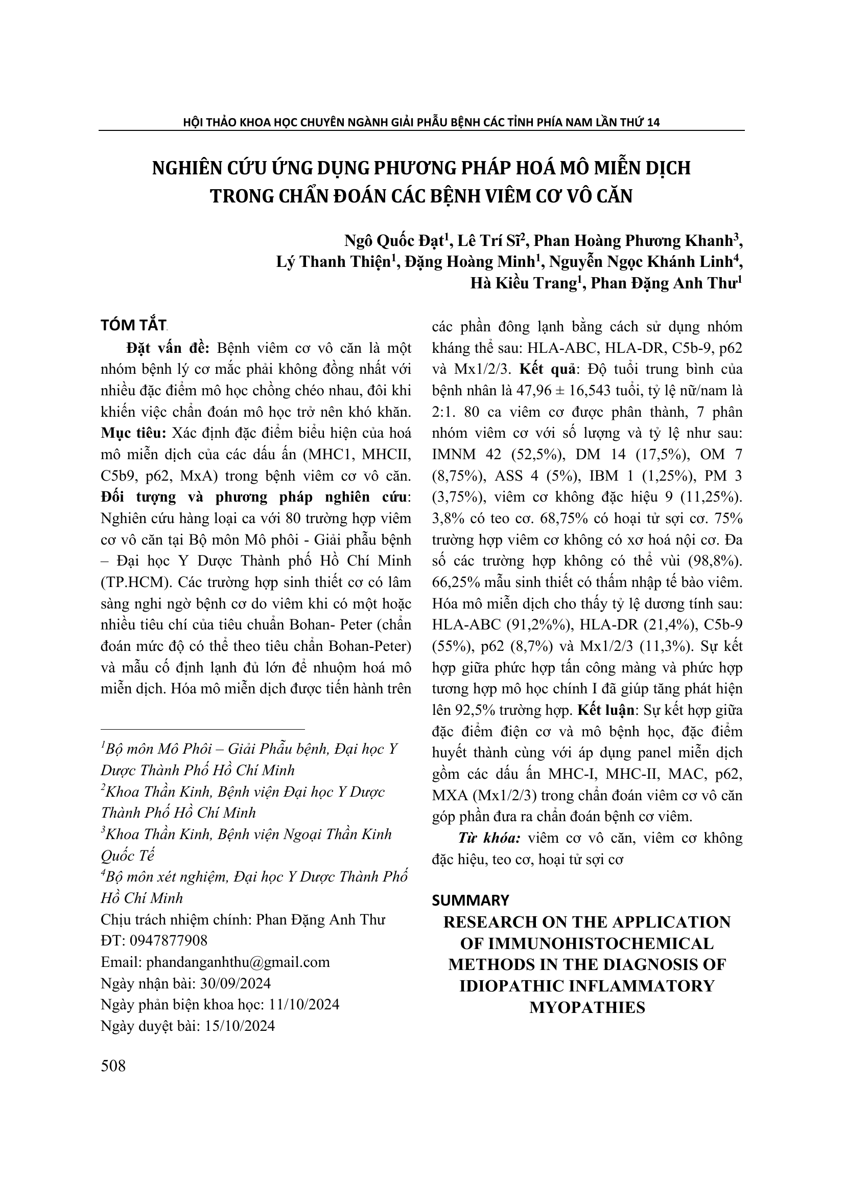 Nghiên cứu ứng dụng phương pháp hóa mô miễn dịch trong chẩn đoán các bệnh viêm cơ vô căn