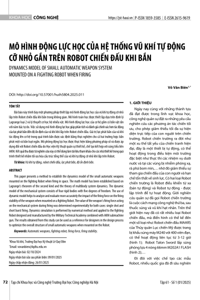 Mô hình động lực học của hệ thống vũ khí tự động cỡ nhỏ gắn trên robot chiến đấu khi bắn