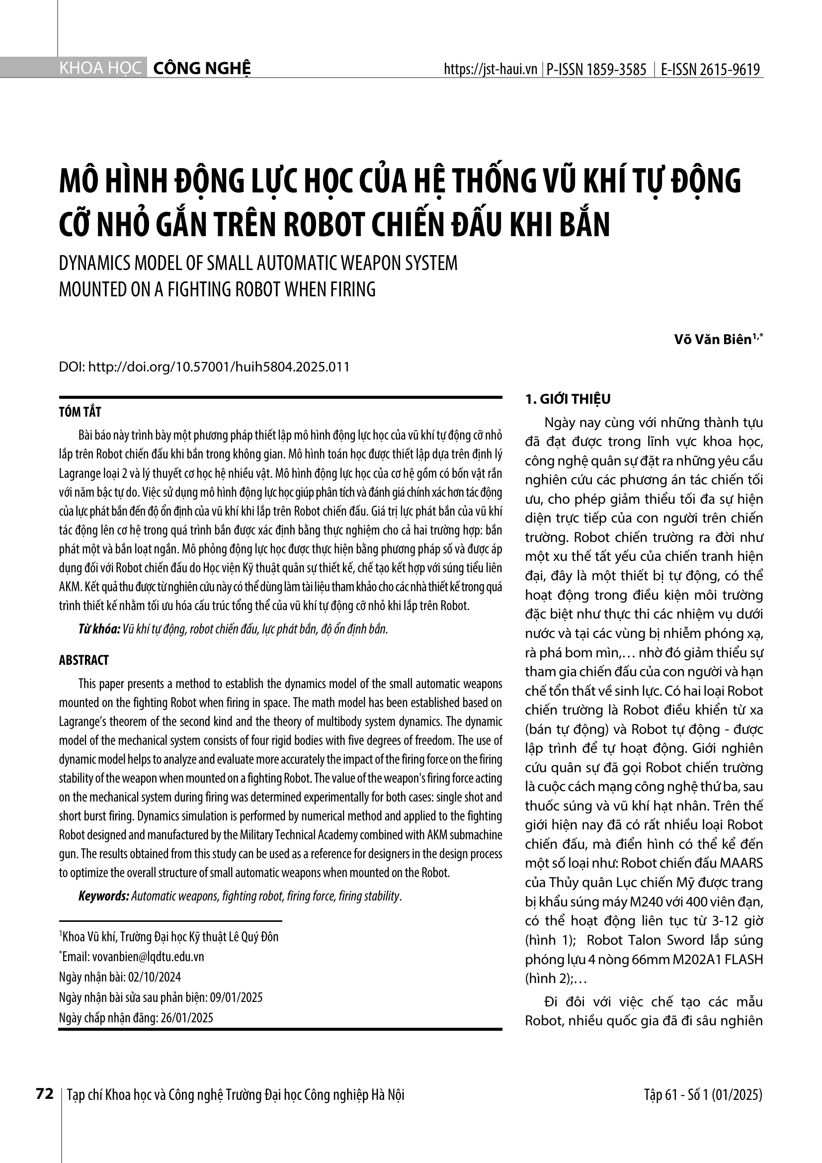 Mô hình động lực học của hệ thống vũ khí tự động cỡ nhỏ gắn trên robot chiến đấu khi bắn