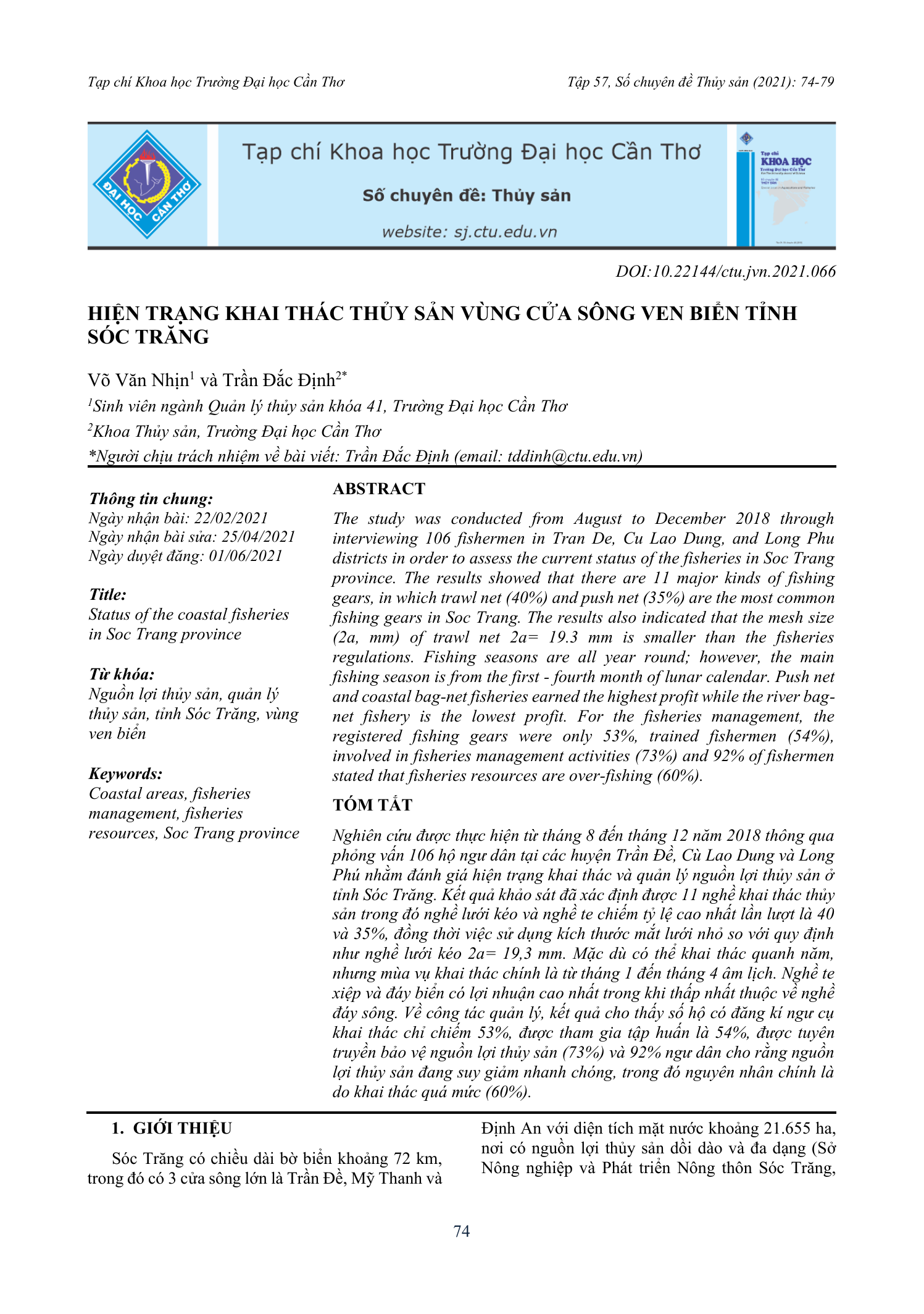 Hiện trạng khai thác thủy sản vùng cửa sông ven biển tỉnh Sóc Trăng