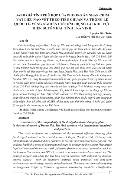 Đánh giá tính phù hợp của phương án nhận chìm vật liệu nạo vét theo tiêu chuẩn và thông lệ quốc tế: Vùng nghiên cứu ứng dụng tại khu vực biển Duyên Hải, tỉnh Trà Vinh