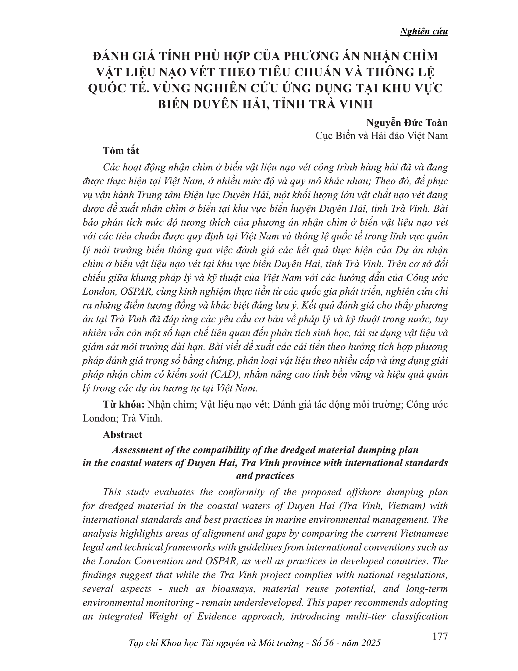 Đánh giá tính phù hợp của phương án nhận chìm vật liệu nạo vét theo tiêu chuẩn và thông lệ quốc tế: Vùng nghiên cứu ứng dụng tại khu vực biển Duyên Hải, tỉnh Trà Vinh