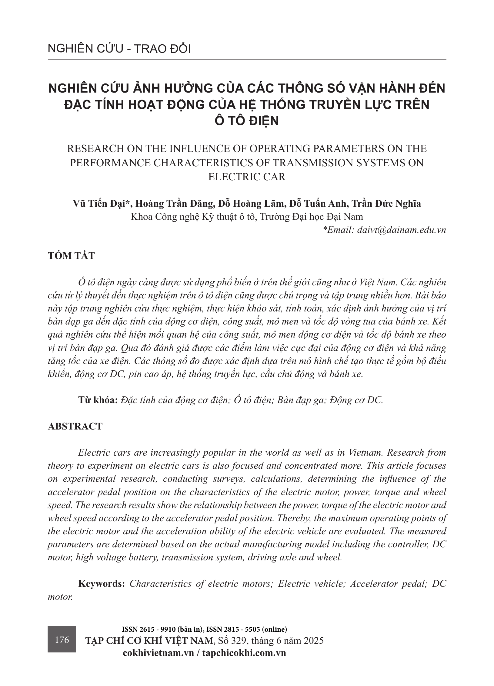 Nghiên cứu ảnh hưởng của các thông số vận hành đến đặc tính hoạt động của hệ thống truyền lực trên ô tô điện