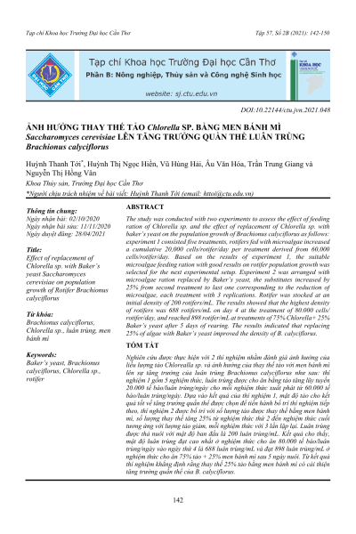 Ảnh hưởng thay thế tảo Chlorella sp. bằng men bánh mì Saccharomyces cerevisiae lên tăng trưởng quần thể luân trùng Brachionus calyciflorus