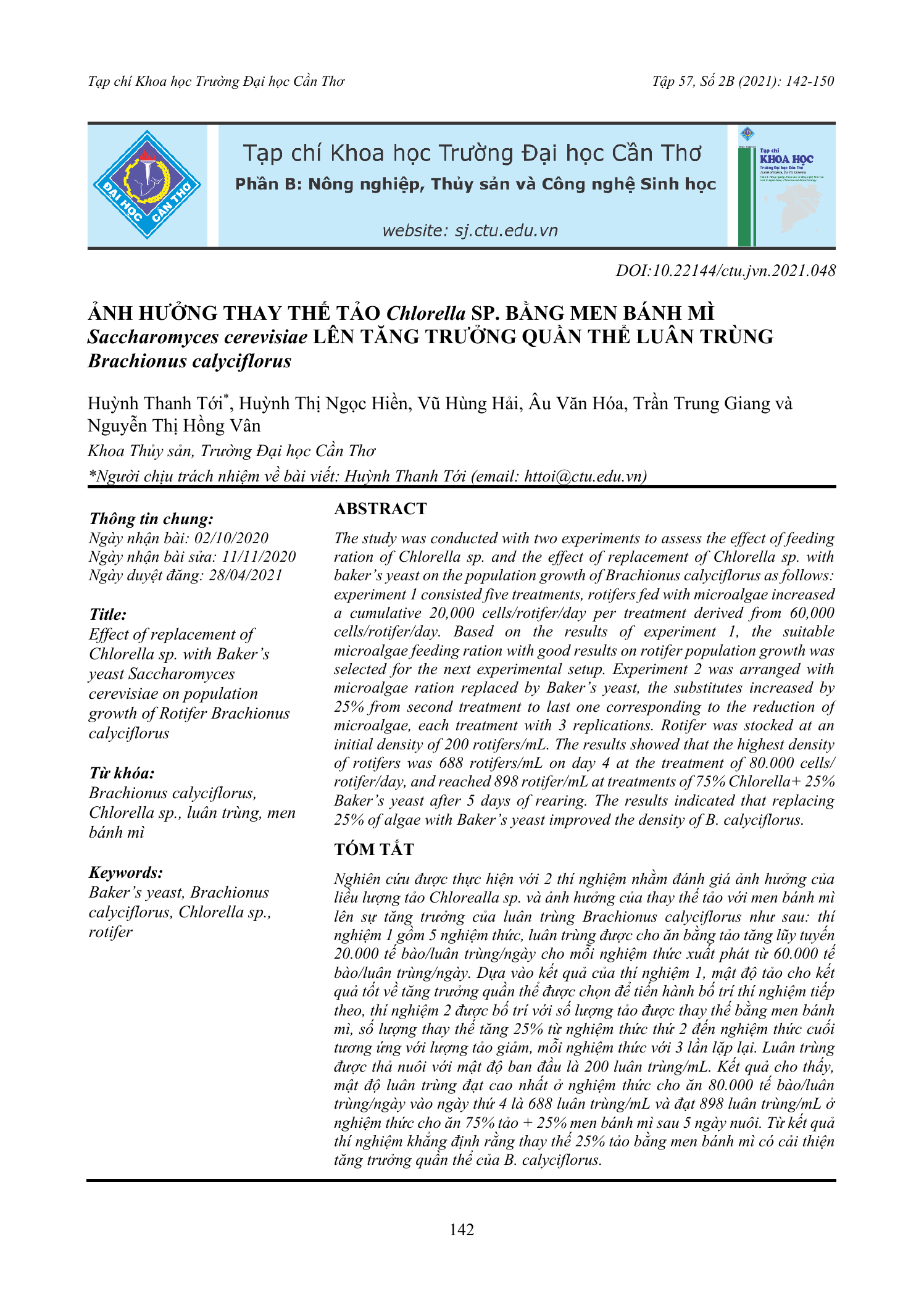 Ảnh hưởng thay thế tảo Chlorella sp. bằng men bánh mì Saccharomyces cerevisiae lên tăng trưởng quần thể luân trùng Brachionus calyciflorus
