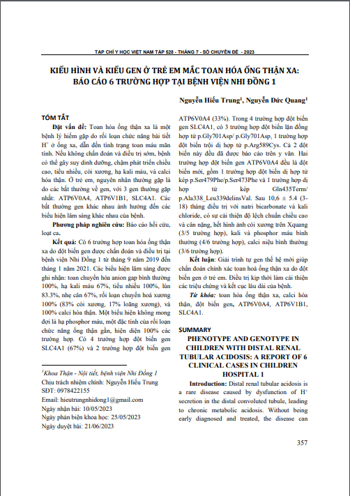Kiểu hình và kiểu gen ở trẻ em mắc toan hóa ống thận xa: Báo cáo 6 trường hợp tại Bệnh viện Nhi Đồng 1