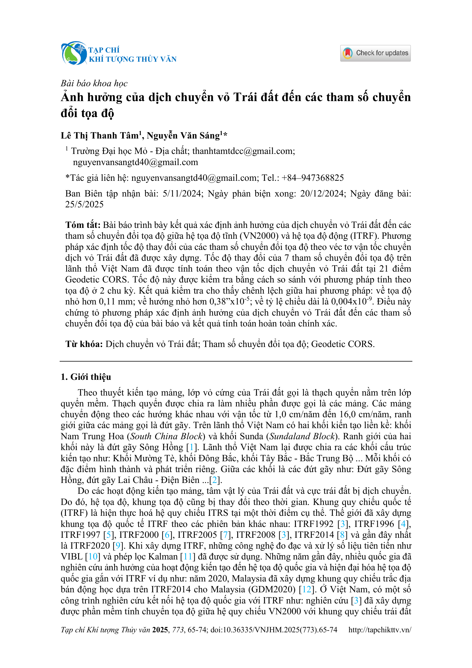 Ảnh hưởng của dịch chuyển vỏ Trái đất đến các tham số chuyển đổi tọa độ