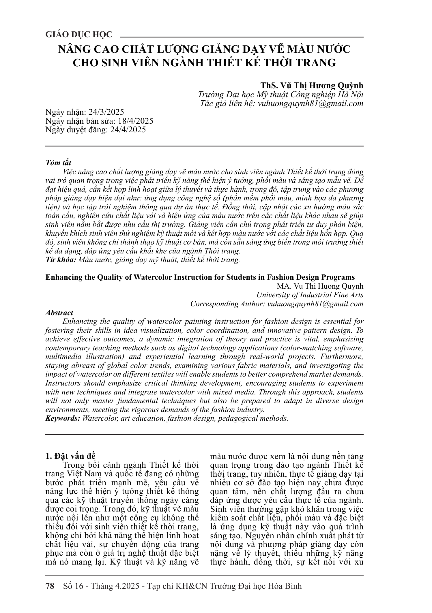 Nâng cao chất lượng giảng dạy vẽ màu nước cho sinh viên ngành thiết kế thời trang