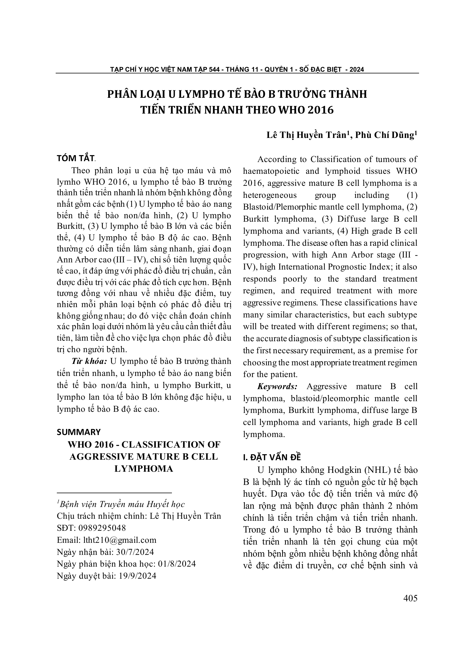 Phân loại u lympho tế bào B trưởng thành tiến triển nhanh theo WHO 2016