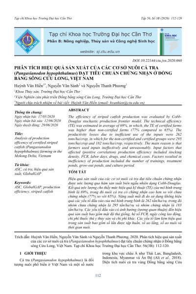 Phân tích hiệu quả sản xuất của các cơ sở nuôi cá tra (Pangasianodon hypophthalmus) đạt tiêu chuẩn chứng nhận ở Đồng bằng sông Cửu Long, Việt Nam