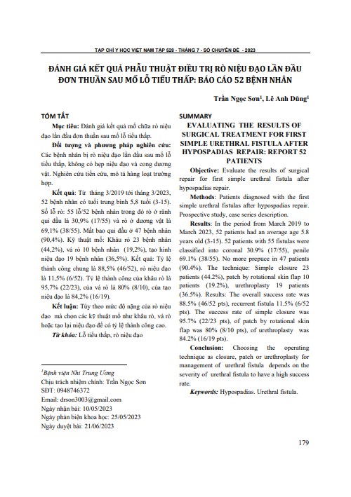 Đánh giá kết quả phẫu thuật điều trị rò niệu đạo lần đầu đơn thuần sau mổ lỗ tiểu thấp: Báo cáo 52 bệnh nhân