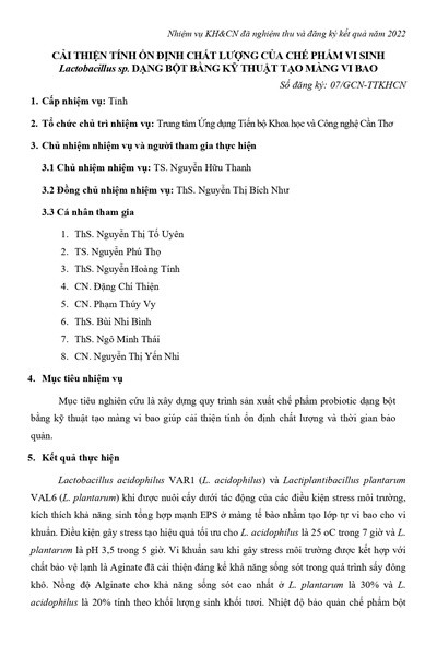 Cải thiện tính ổn định chất lượng của chế phẩm vi sinh Lactobacillus sp. dạng bột bằng kỹ thuật tạo màng vi bao (2022)