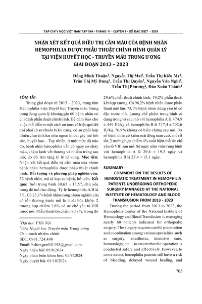 Nhận xét kết quả điều trị cầm máu của bệnh nhân hemophilia được phẫu thuật chỉnh hình quản lý tại Viện Huyết học - Truyền máu Trung ương giai đoạn 2013 – 2023