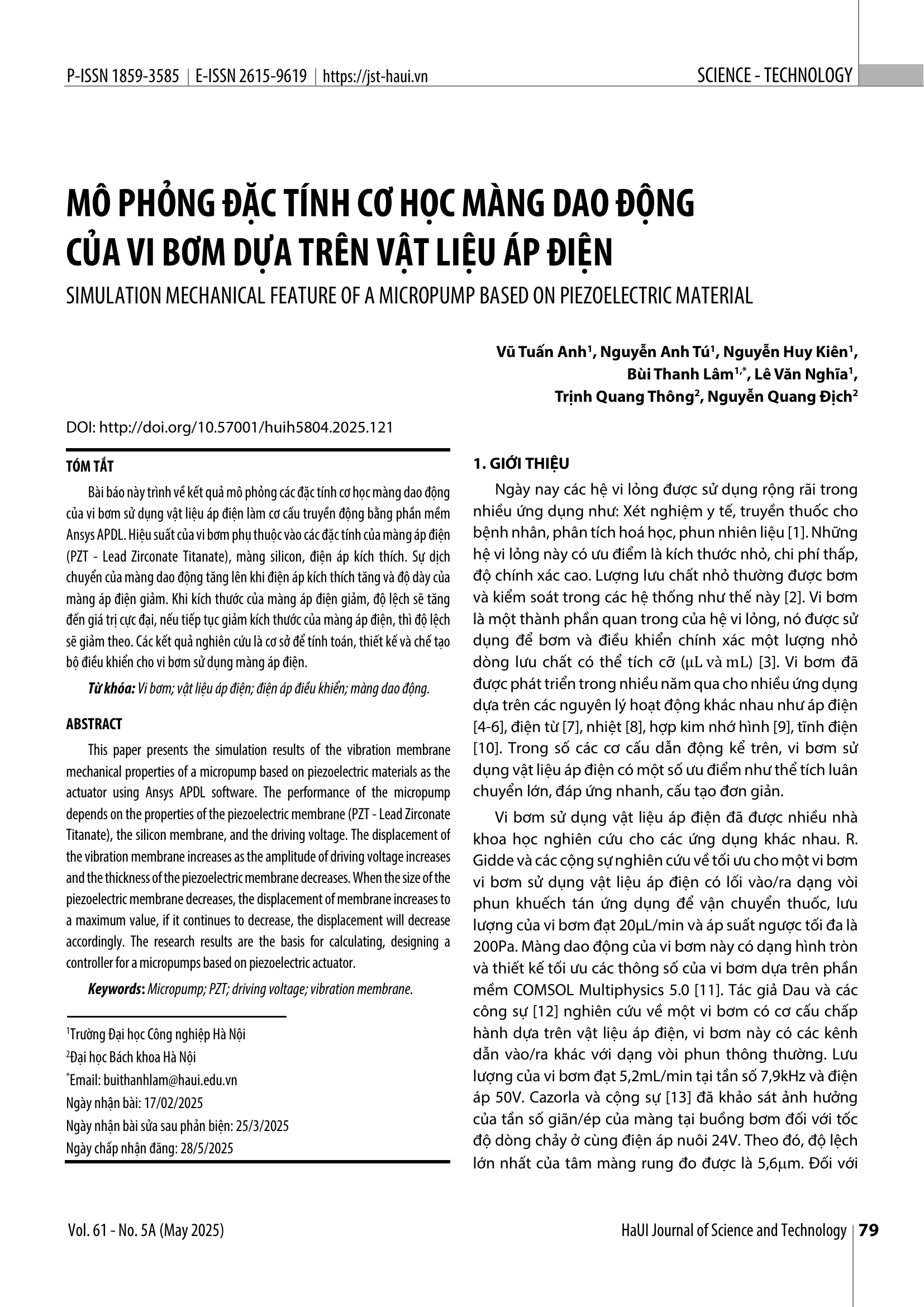 Mô phỏng đặc tính cơ học màng dao động của vi bơm dựa trên vật liệu áp điện